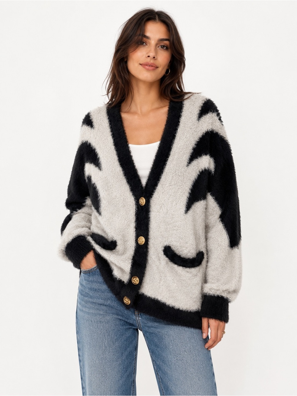 MO&Co. Fuzzy Wool Blend Cardigan – Size S – Black & Ivory – Chic